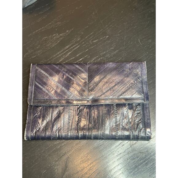 Vintage Eel Skin- Black- Fold Clutch- some wear- retro- 12x8 in inner pockets - Picture 2 of 8